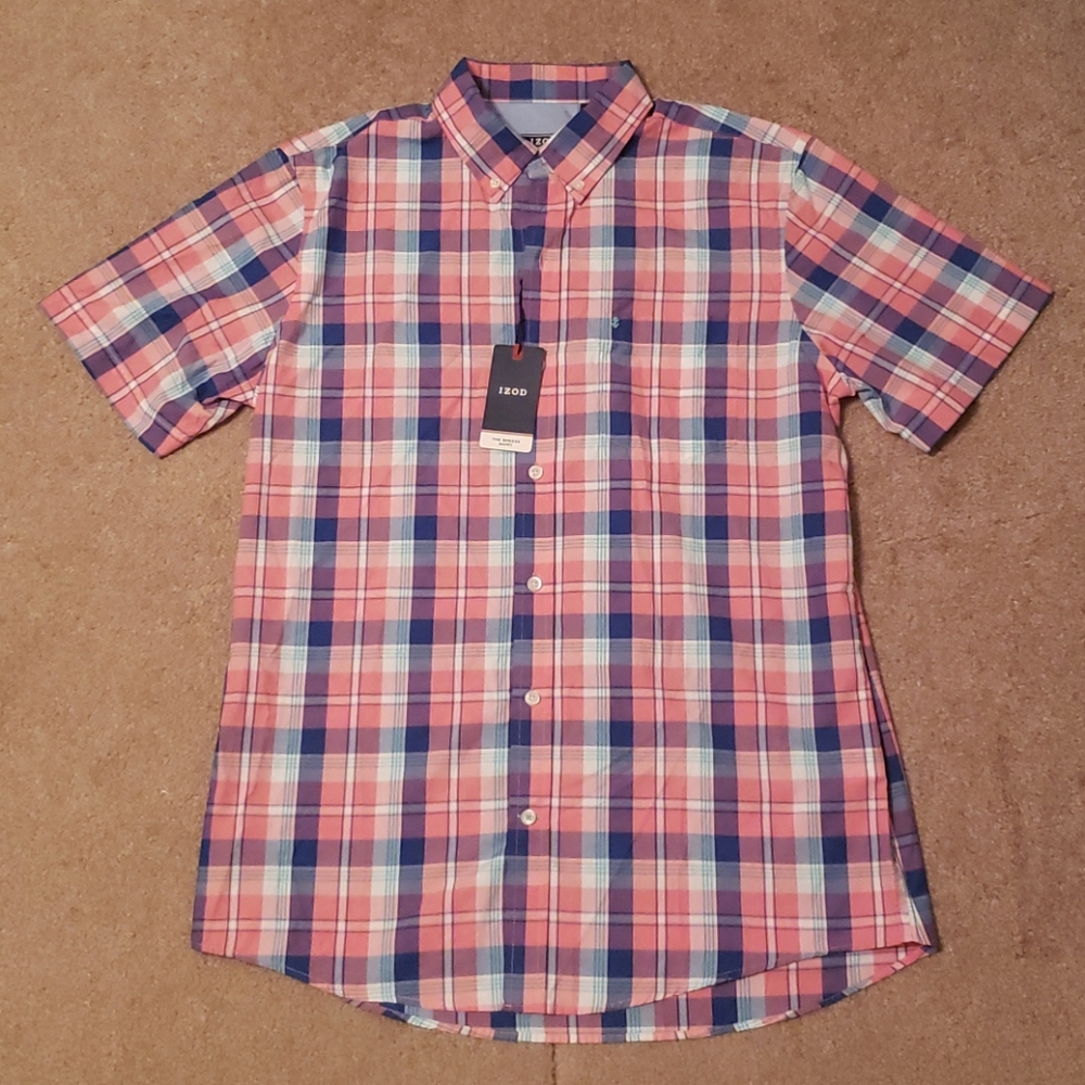 NWT Izod Men's The Breeze Plaid Buttoned Down Golf Shirt